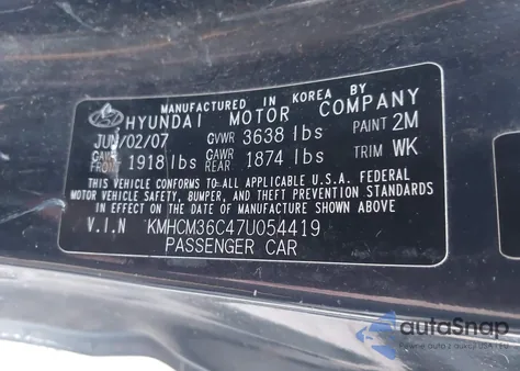 2007 Hyundai Accent Gs z USA, uszkodzony, nr VIN KMHCM36C47U054419